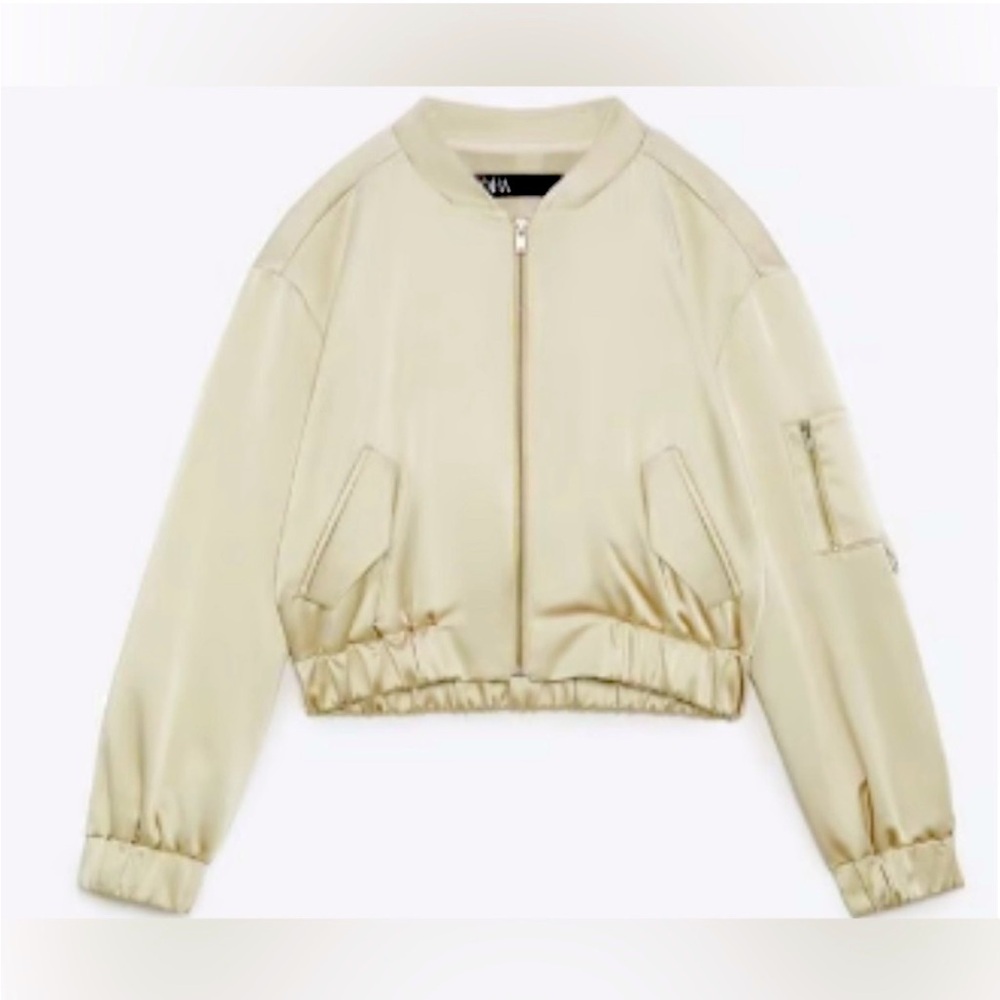 NWOT Zara Satin Bomber Jacket Soft Gold/Cream XS
